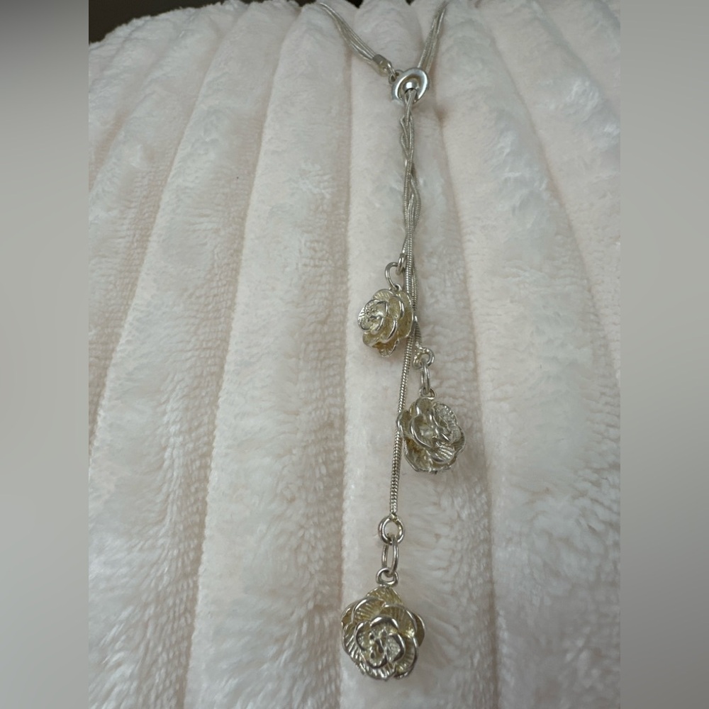 Vintage 925 Sterling silver floral lariat necklace adjustable boho statement